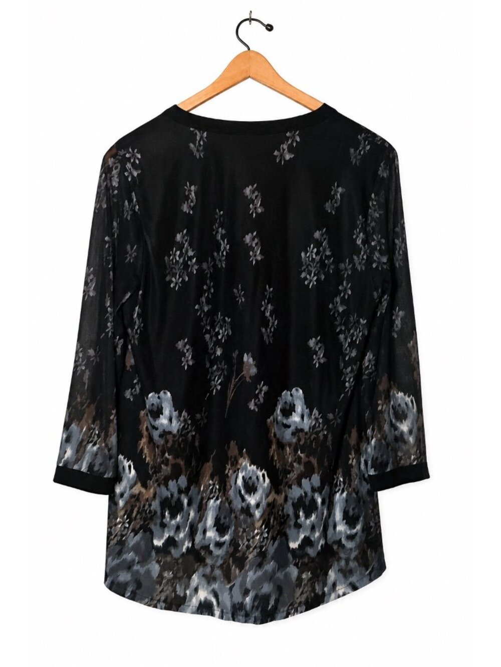Tangsuan Womens Black Floral Print V-Neck Blouse With Sheer Sleeves 3/4 Length L - Picture 2 of 2